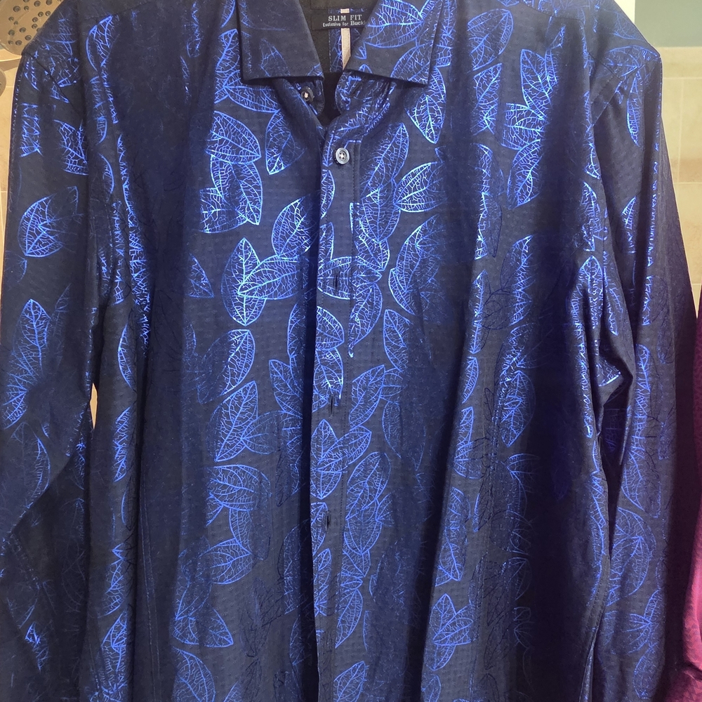 Elegant Blue Leaf Pattern Dress Shirt